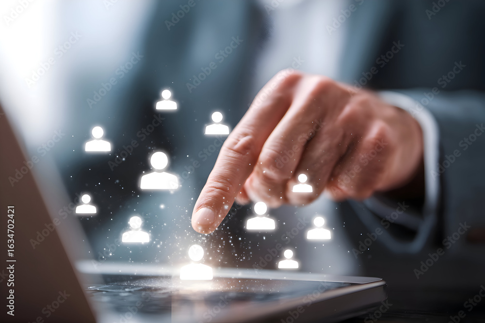 Poster managers touch activates a glowing profile from a digital network.