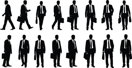 Business professional silhouette set, corporate people poses, briefcase icons, black vector illustration, office worker clipart, Adobe Stock