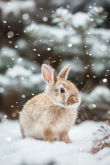 Cute bunny resting in snow with soft winter light. Winter animal portrait.