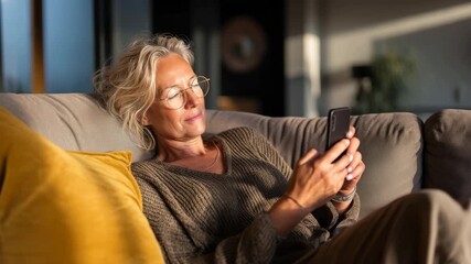 Senior woman using smartphone and relaxing on sofa at home - Powered by Adobe