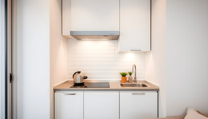 A compact, smartly designed minimalist kitchen corner in a studio apartment.