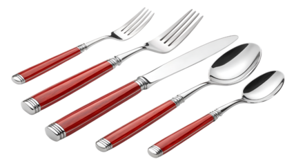 red with silverware  a full fork  set with knife and spoon isolated on transparent background