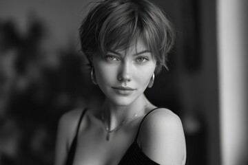 Naklejka premium Stunning model with short straight hair posing gracefully in a soft-lit studio setting during a portrait session