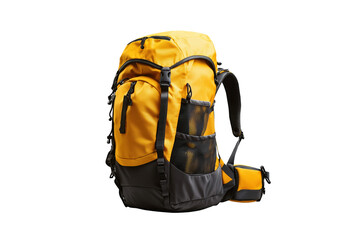 Yellow Hiking Backpack: A vibrant yellow and black backpack, ideal for trekking or hiking adventures, stands in sharp focus, displaying its spacious design and sturdy build.