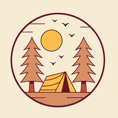 Peaceful Mountain Campsite at Dawn Flat Vector Illustration with Tent, Campfire, and Rising Sun