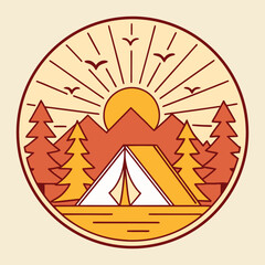 Peaceful Mountain Campsite at Dawn Flat Vector Illustration with Tent and Campfire