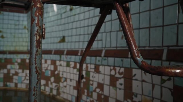 A haunting look at an abandoned indoor swimming pool captured in cinematic detail with faded tiling a rusting ladder and dim light that reveal decades of neglect in a formerly vibrant space