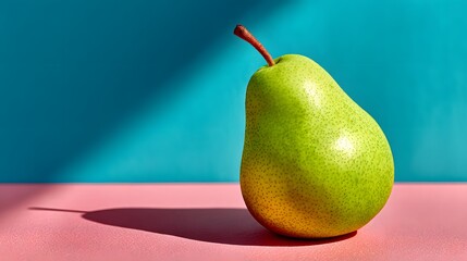 Fresh green pear still life photography on pink and blue background image