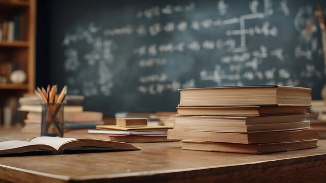 Old books stacked on a wooden desk in front of a chalkboard with equations.