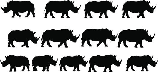 Rhinoceros silhouette vector illustration, wild animal design, safari creature artwork, black nature icon set, Adobe Stock, cad drawing flat vector illustration