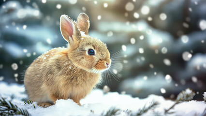 Young rabbit in snowy forest with falling snowflakes. Winter nature concept.