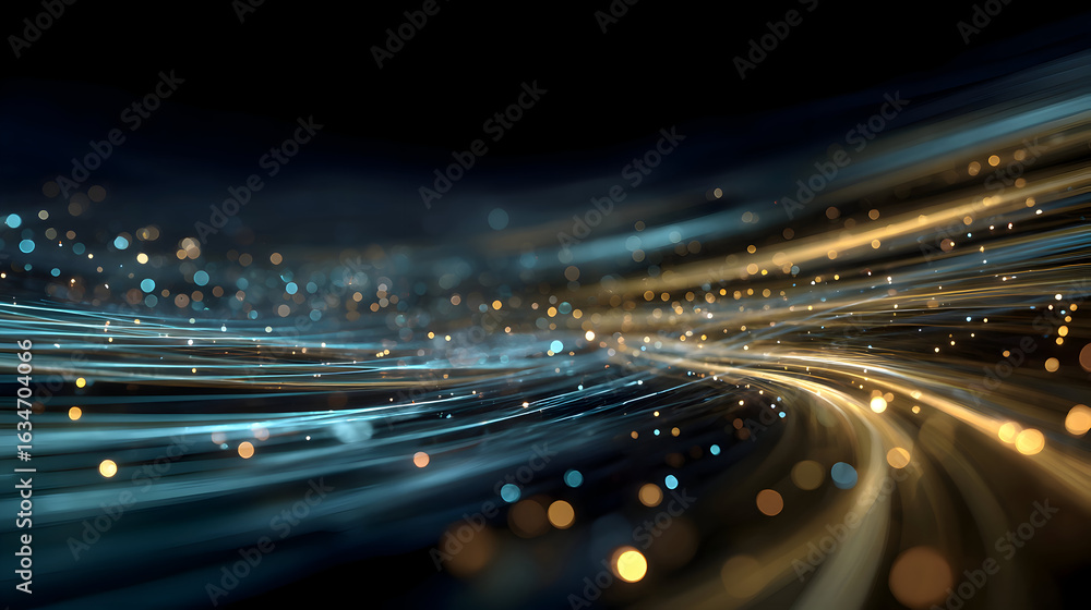 Poster elegant convergence of gold and teal light streams with sparkling bokeh.