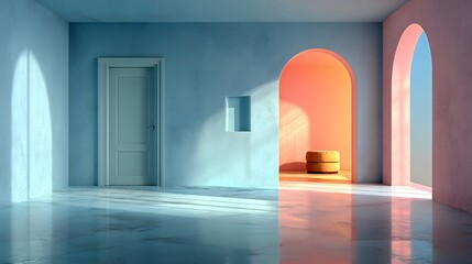 Pastel interior design with arches and sunlight, modern architecture photo