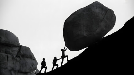 A group of people pushing a large boulder up a hill in a black and white silhouette image format style