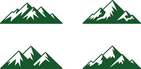 Four Green Mountain Illustrations Representing Nature and Wilderness Landscapes, Ideal for Outdoor Adventure and Environmental Themes