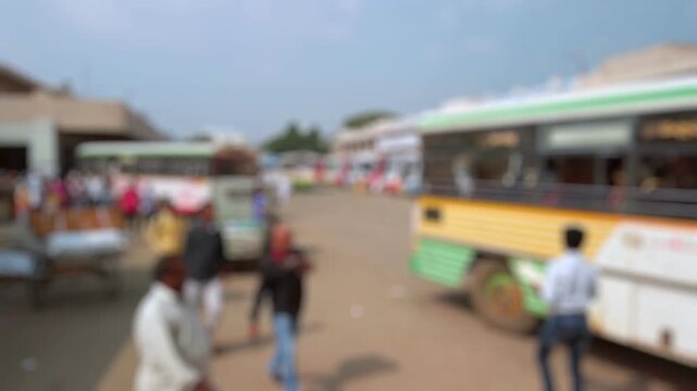 Bokeh view of bus station in Tirupati, India. Blurred background footage.
