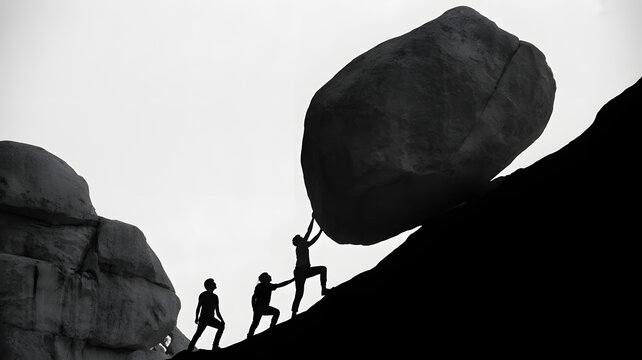 A group of people pushing a large boulder up a hill in a black and white silhouette image format style