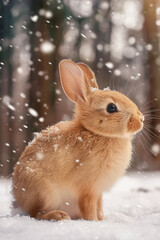 Naklejka premium Light brown rabbit in heavy snowfall. Winter wonderland concept.