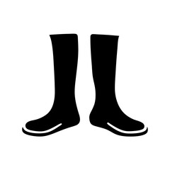 Black Rubber Boots Icon Silhouette on White, Silhouette of a pair of tall rubber boots, ideal for rain, gardening, or outdoor work, shown in simple black icon style.
