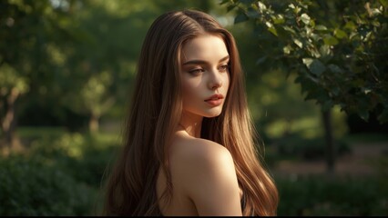 Naklejka premium Young Woman in a Sunlit Forest Looking Over Her Shoulder with Long Brown Hair
