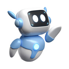 Friendly cartoon robot with blue accents waving hello on a black background