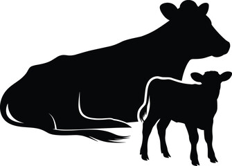 Mother Cow and Calf Silhouette, Farm Life, Dairy Cows, Animal Family, Mother and Baby, Rural Agriculture Concept