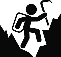 Hiking icon, climbing silhouette, mountain terrain, backpack figure, outdoor activity, vector art, rugged adventure, black and white