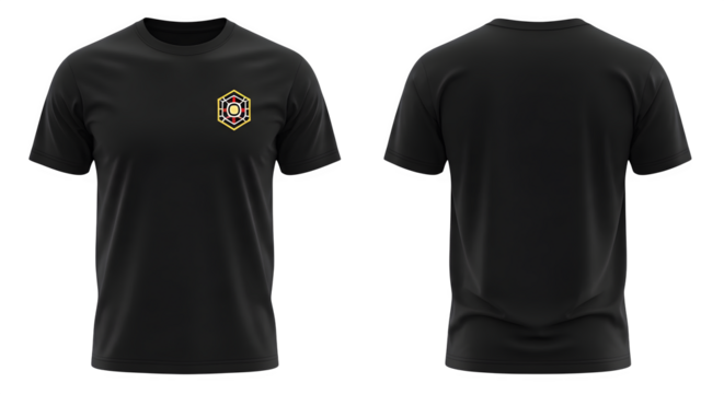 Black t shirt with emblem front and back view    .ai generative, transparent background, white background. isolated on white background, png, jpeg, jpg.