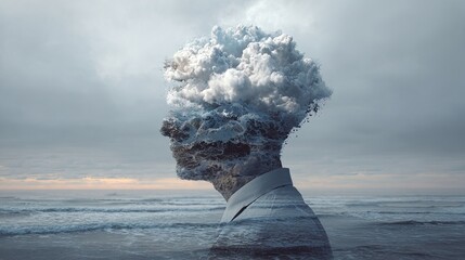 Profile of a person with a cloud-like head, standing by the ocean