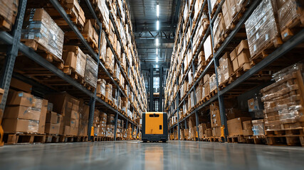 Fototapeta premium Spacious modern warehouse with high racks, packed boxes, and a yellow forklift.