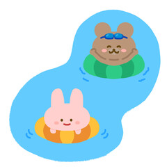 海やプールで泳ぐウサギとクマ