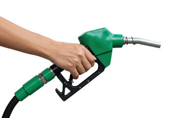 Female hand holding green fuel pump nozzle against white for gasoline refueling. Cut out PNG