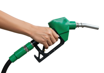 Female hand holding green fuel pump nozzle against white for gasoline refueling. Cut out PNG