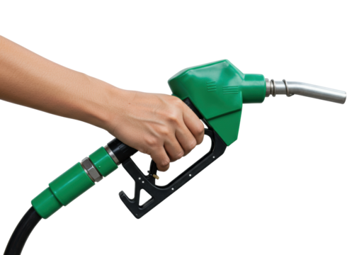 Female hand holding green fuel pump nozzle against white for gasoline refueling. Cut out PNG