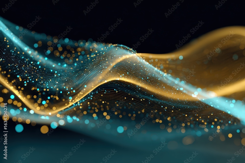 Poster dynamic abstract digital particles create a mesmerizing wave of light in a vibrant display of colors