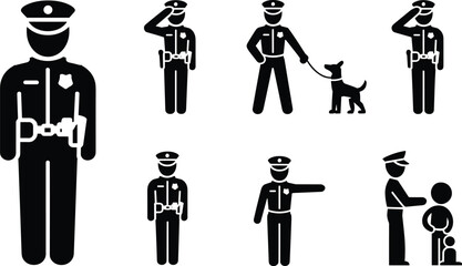 Police officer icons, black and white silhouettes, law enforcement vector set, patrol, salute, K9 unit, interaction