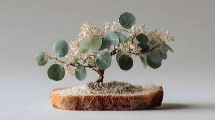 Unique bonsai tree art on bread slice creative food art photography idea