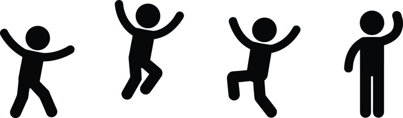 Stick figure icons, black silhouettes, jumping poses, raised arms, vector illustration, abstract movement, simplified body shapes