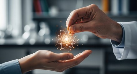 Passing Glowing Atom Model Between Hands Science Knowledge Discovery Future