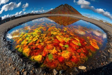 Colorful puddle reflecting vibrant autumn leaves and a mountain