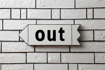 Obraz premium A tile arrow sign that reads OUT is mounted on a white brick wall