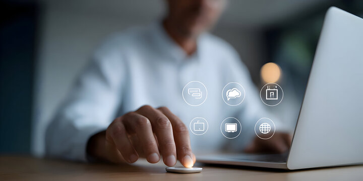 Innovative Tech: User Engages with Luminous Smart Puck and Virtual Interface.