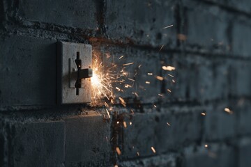 A closeup of a sparking electrical outlet on a brick wall