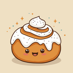 Cartoon cute cinnamon roll with smiley face and cream frosting on beige background  