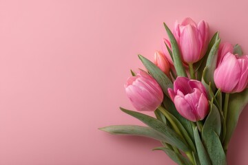 Obraz premium Spring bouquet of pink tulips arranged beautifully on a soft pink background perfect for celebrating love and new beginnings