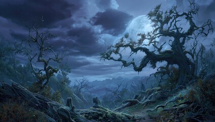 A moonlit, desolate landscape featuring gnarled, leafless trees dominates the foreground against a backdrop of brooding, overcast mountains under a large, full moon