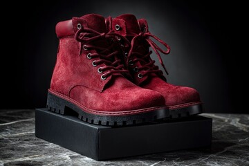 Two burgundy boots stand on a black box