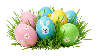 Colorful easter eggs in green grass with painted flowers and bunny design. Cut out PNG