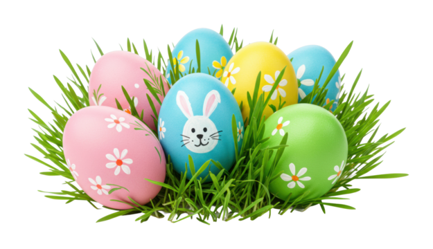 Colorful easter eggs in green grass with painted flowers and bunny design. Cut out PNG