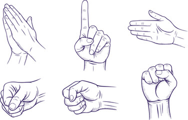 Stylized Hand Illustrations Depicting Various Gestures Rock Paper Scissors and Praying Hands Sketched with Precision and Artistic Flair